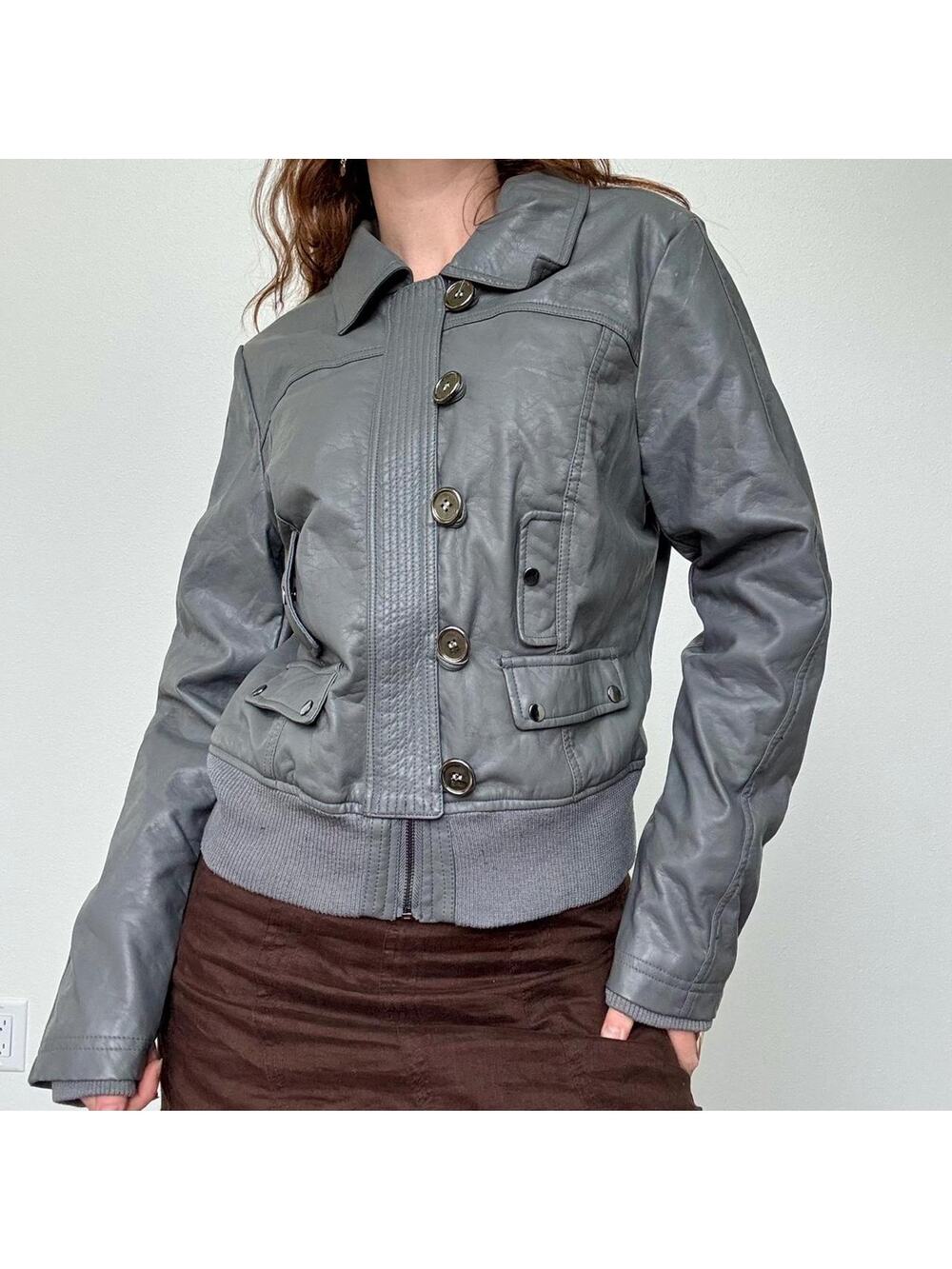 Therapy y2k grey faux leather zip up jacket